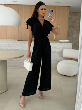 combinaisons larges jambes évasé unicolore v-cou ceinture volants superposés femme décontracté | KONF
