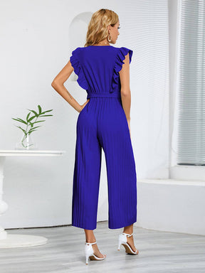 combinaisons larges jambes évasé v-cou à volantée plissé ceinture sans manches femme élégant bohème décontracté | KONF