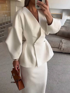 ensembles tailleur avec jupe v-cou boutons manches bouffantes manches longues veste femme élégant vintage deux pièces | KONF