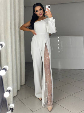 combinaisons flare évasé une épaule fendu le côté manches longues femme casual élégant décontracté cérémonie | KONF