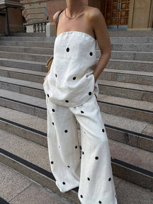 2 pièces ensembles avec pantalon larges jambes évasé top à pois fendu fermeture éclair bustier pour femme les vacances | KONF