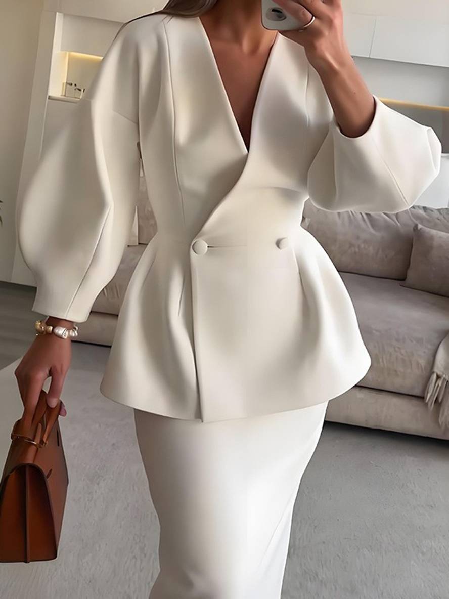 ensembles tailleur avec jupe v-cou boutons manches bouffantes manches longues veste femme élégant vintage deux pièces | KONF