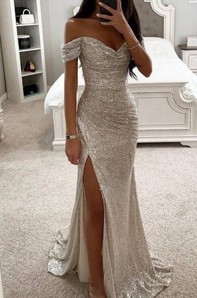 robe longue bustier brillante paillette fendu le côté sirene col bateau sans manches femme élégant de soirée cérémonie | KONF