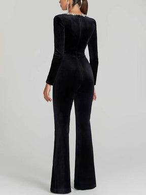 combinaisons flare évasé velours col carré manches longues slim fitness femme élégant décontracté casual cérémonie | KONF
