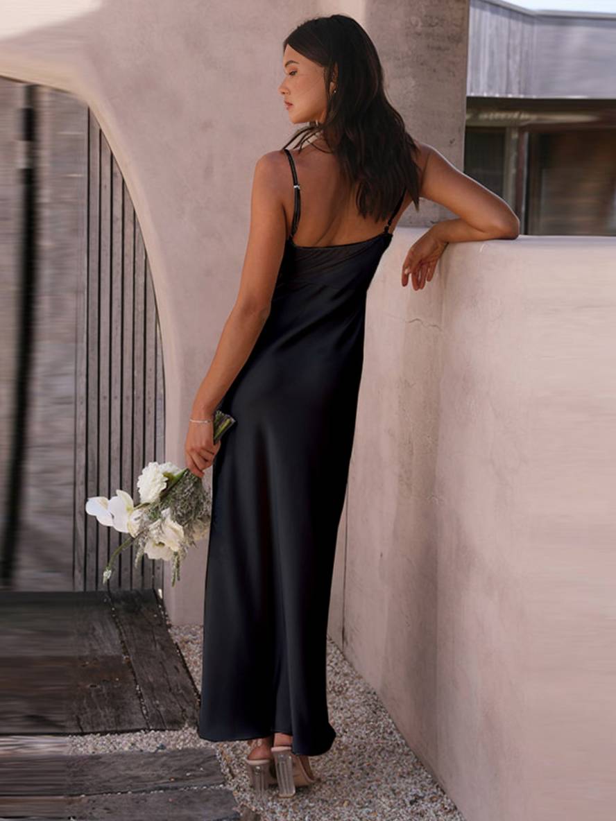 robe demoiselle d'honneur satin moulante fendu à fines brides femme élégant de soirée pour mariage champetre | KONF