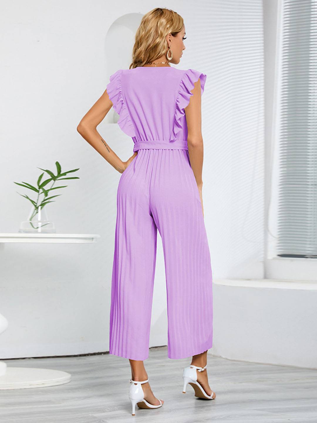 combinaisons larges jambes évasé v-cou à volantée plissé ceinture sans manches femme élégant bohème décontracté | KONF