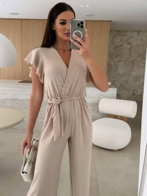 combinaisons larges jambes évasé unicolore v-cou ceinture volants superposés femme décontracté | KONF