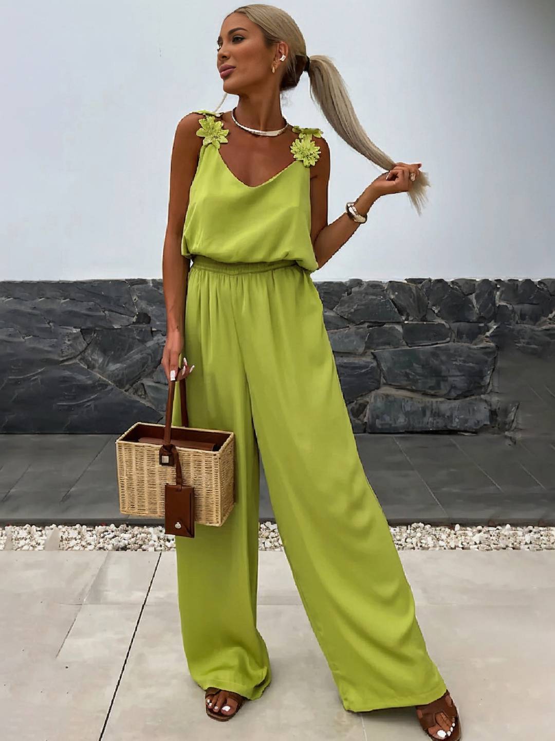 combinaisons pantalon larges jambes évasé v-cou poches dos nu bretelle sans manches décontracté style vacances pour femme | KONF