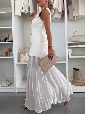 tenu ensembles tailleur v-cou sans manches gilet et jupe tulle fluide décontracté chic pour vacances deux pièces | KONF