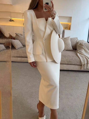 ensemble col carré boutons poches manches longues blazer avec jupe femme élégant décontracté deux pièces de bureau | KONF