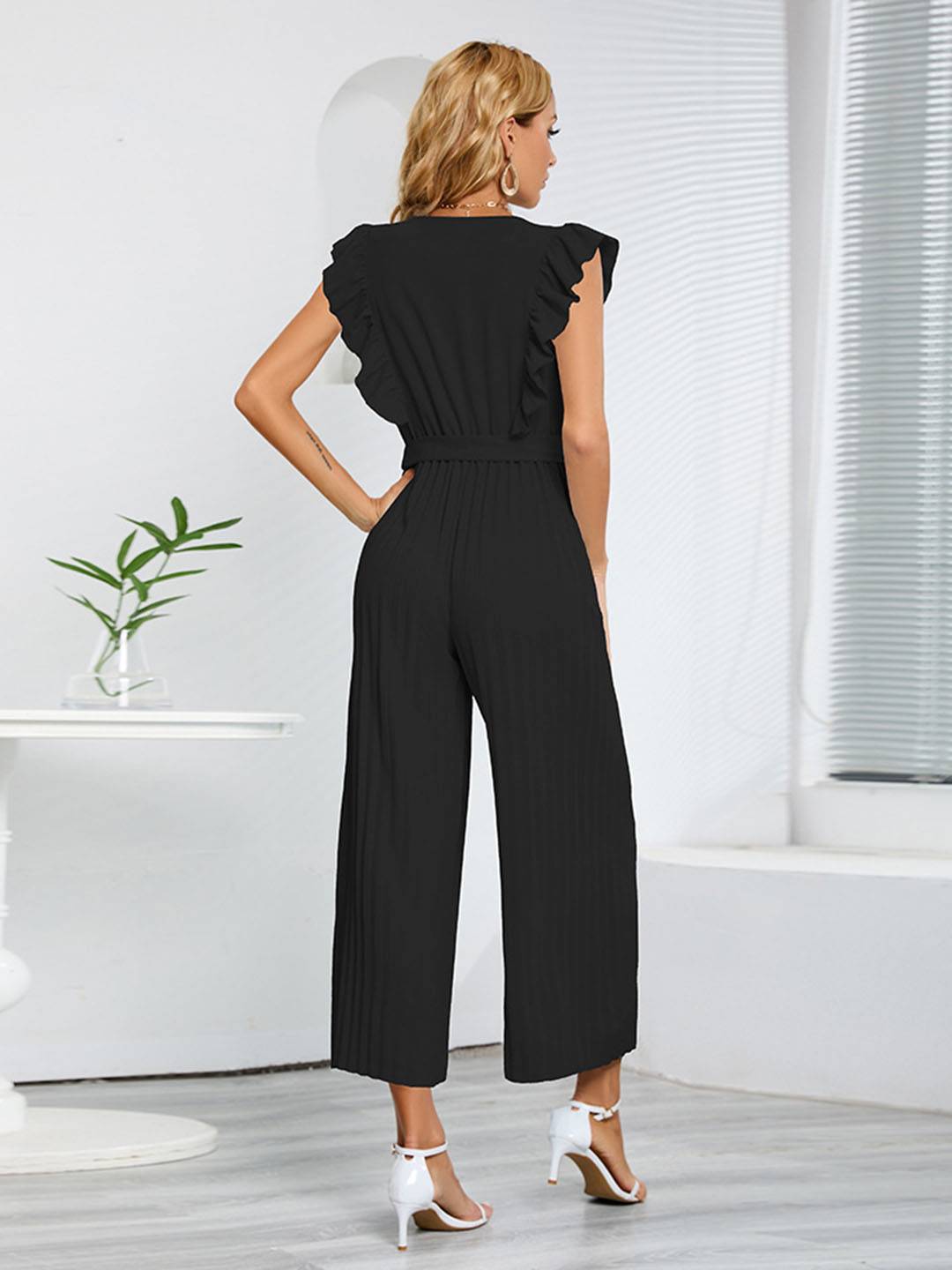 combinaisons larges jambes évasé v-cou à volantée plissé ceinture sans manches femme élégant bohème décontracté | KONF