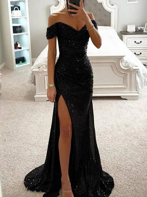 robe longue bustier brillante paillette fendu le côté sirene col bateau sans manches femme élégant de soirée cérémonie | KONF
