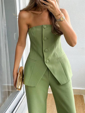 ensembles avec pantalon unicolore boutonnage bustier femme élégant style tailleur tenue mariage invité | KONF