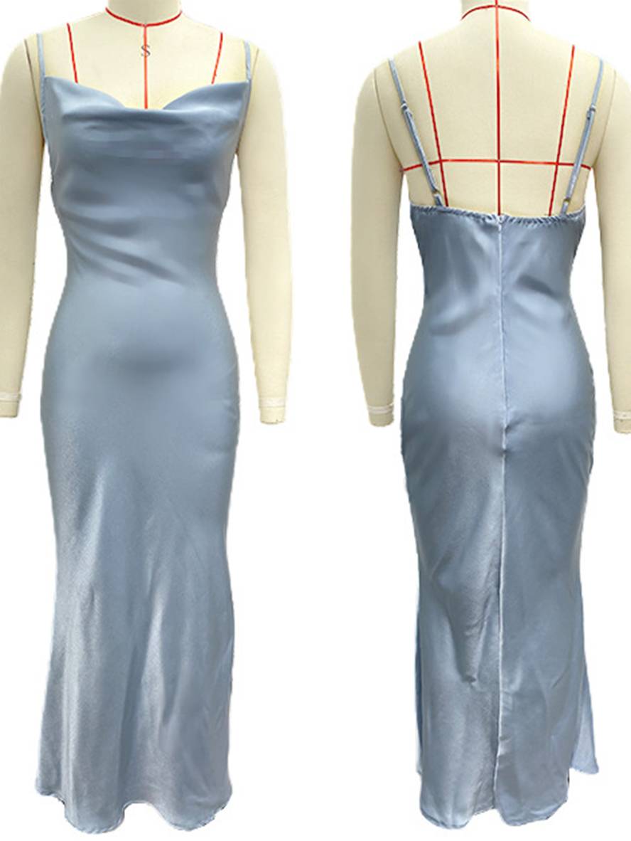 robe demoiselle d'honneur satin moulante dos nu à fines brides élégant femme de soirée invité mariage | KONF