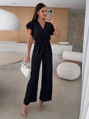 combinaisons larges jambes évasé unicolore v-cou ceinture volants superposés femme décontracté | KONF