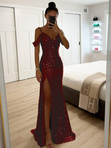 longue robe v-cou brillante paillette fendu le côté épaules fendues sans manches femme élégant de soirée cérémonie | KONF