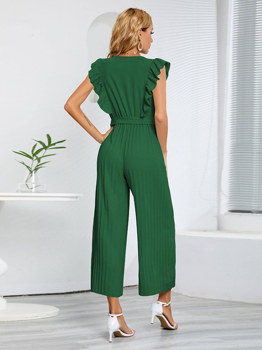combinaisons larges jambes évasé v-cou à volantée plissé ceinture sans manches femme élégant bohème décontracté | KONF