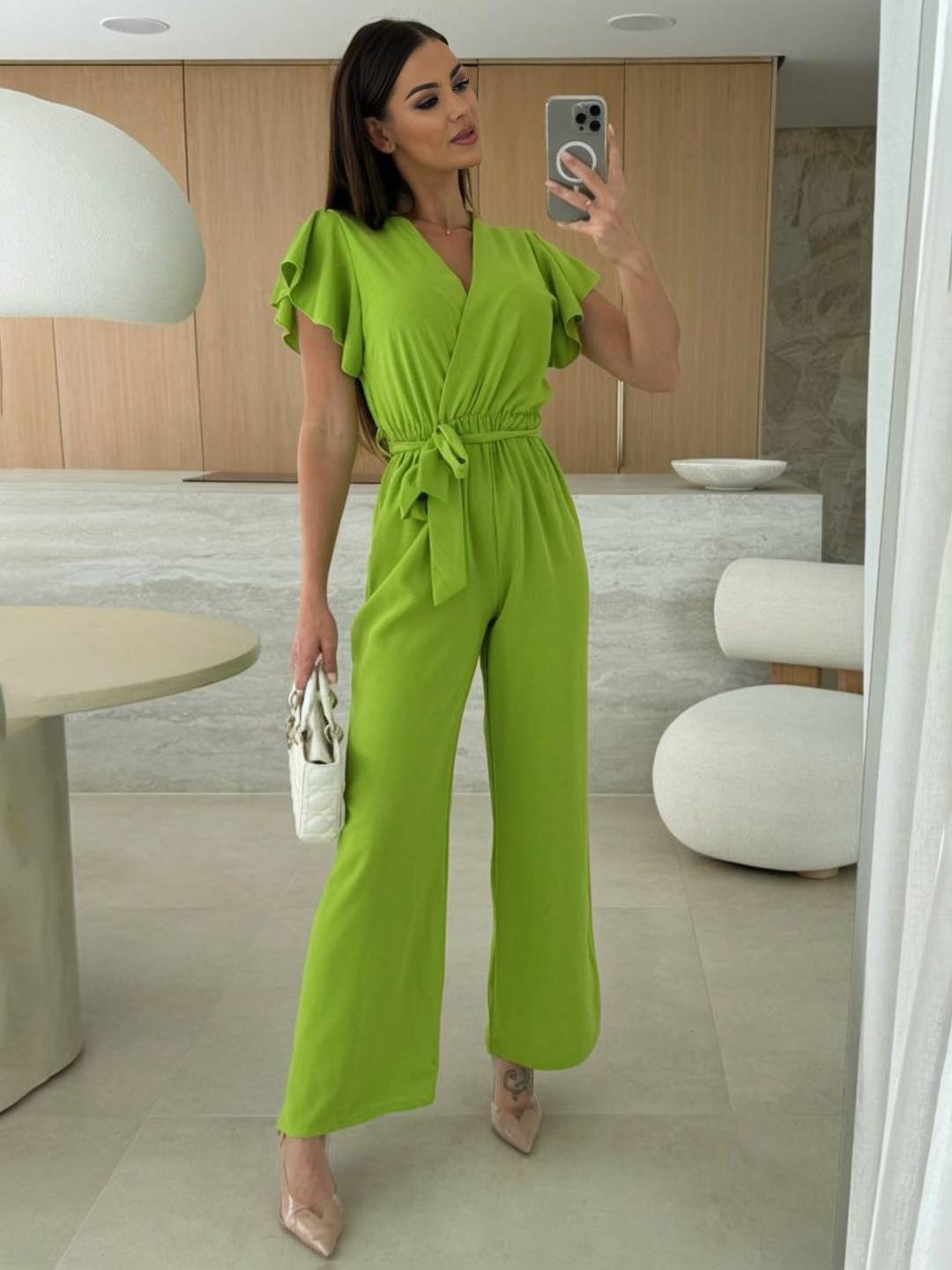 combinaisons larges jambes évasé unicolore v-cou ceinture volants superposés femme décontracté | KONF