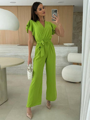 combinaisons larges jambes évasé unicolore v-cou ceinture volants superposés femme décontracté | KONF