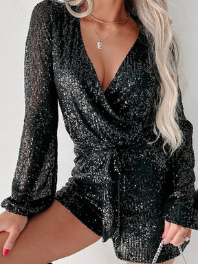 courte combinaisons brillante paillette ceinture v-cou manches longues femme élégant décontracté cérémonie combishort | KONF