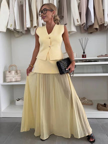 tenu ensembles tailleur v-cou sans manches gilet et jupe tulle fluide décontracté chic pour vacances deux pièces | KONF