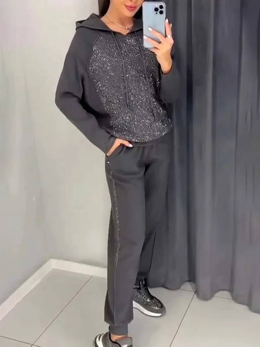 ensembles tailleur avec pantalon sweatshirt à capuche poches manches longues femme sport simple décontracté deux pièces | KONF