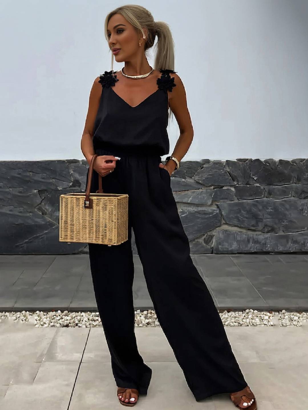 combinaisons pantalon larges jambes évasé v-cou poches dos nu bretelle sans manches décontracté style vacances pour femme | KONF