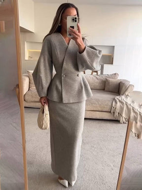 ensembles tailleur avec jupe v-cou boutons manches bouffantes manches longues veste femme élégant vintage deux pièces | KONF