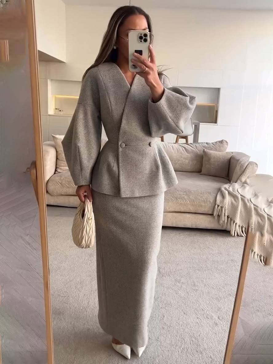 ensembles tailleur avec jupe v-cou boutons manches bouffantes manches longues veste femme élégant vintage deux pièces | KONF
