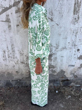 ensembles imprimé à fleurie poches col chemise manches longues chemise et pantalon femme casual décontracté deux pièces | KONF