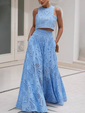 robe broderie anglaise poches sans manches hauts trapèze fluide jupe femme élégant décontracté ensemble | KONF