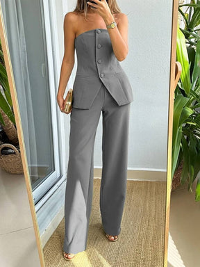 ensembles avec pantalon unicolore boutonnage bustier femme élégant style tailleur tenue mariage invité | KONF